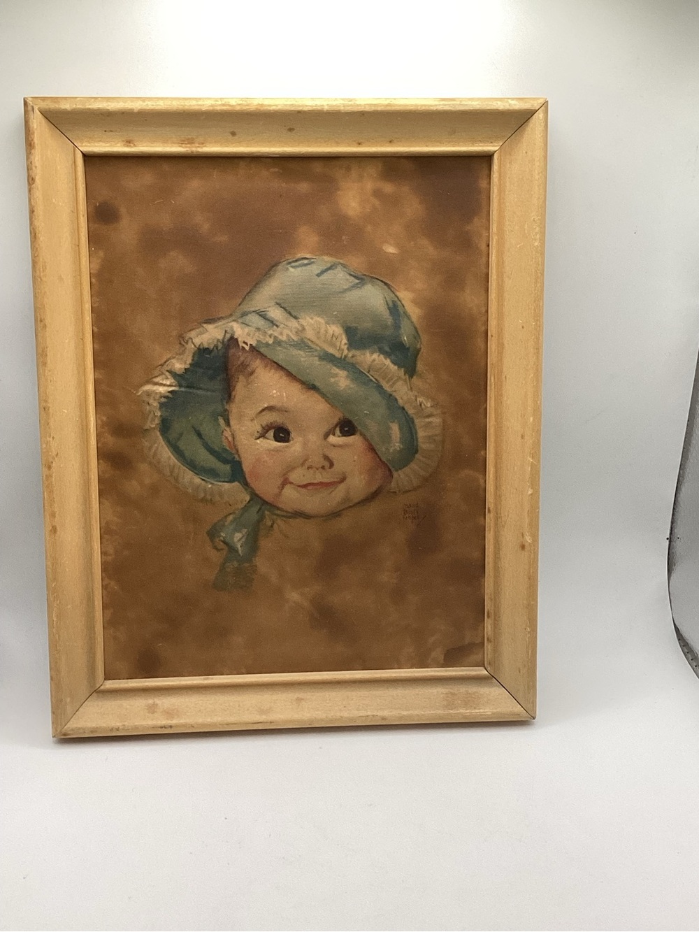 Vintage Child Portrait Watercolor with Blue Bonnet